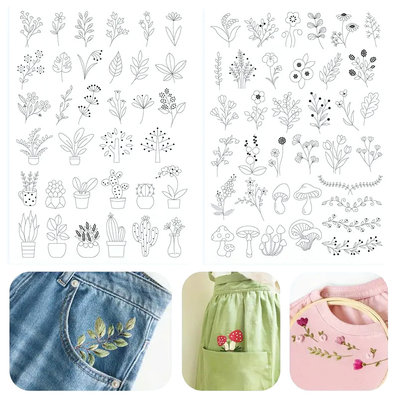 Embroidery Meaning - กระดาษปักลายละลายน้ำได้, ลายปักดอกไม้แบบติดและเย็บ, ชุดเย็บมือลายดอกไม้ป่า