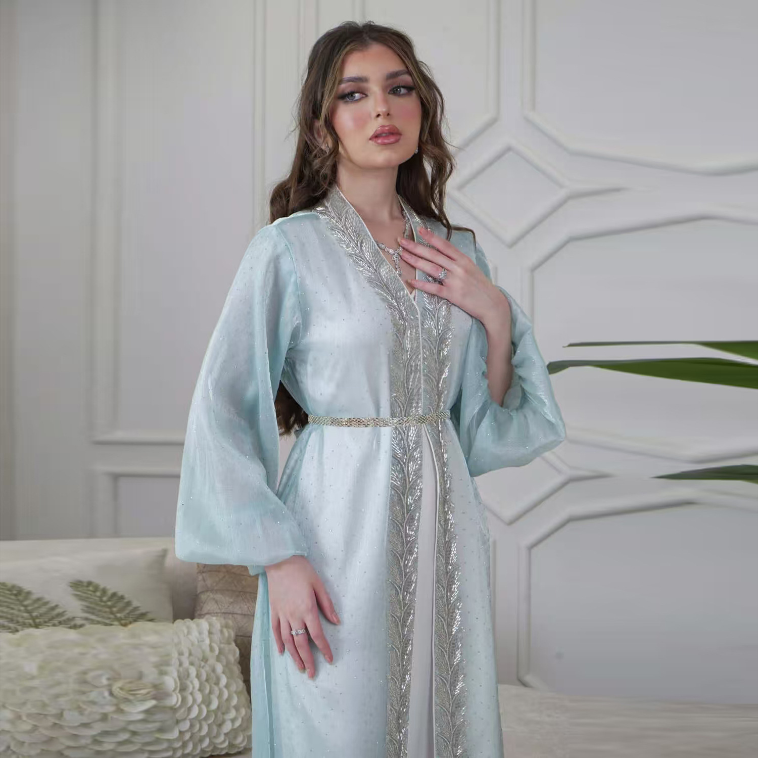Embroidery Kebaya - Eid Mubarak Djellaba ชุดกิโมโนเสื้อสเวตเตอร์ถักดูไบซาตินชุด Kebaya Robe