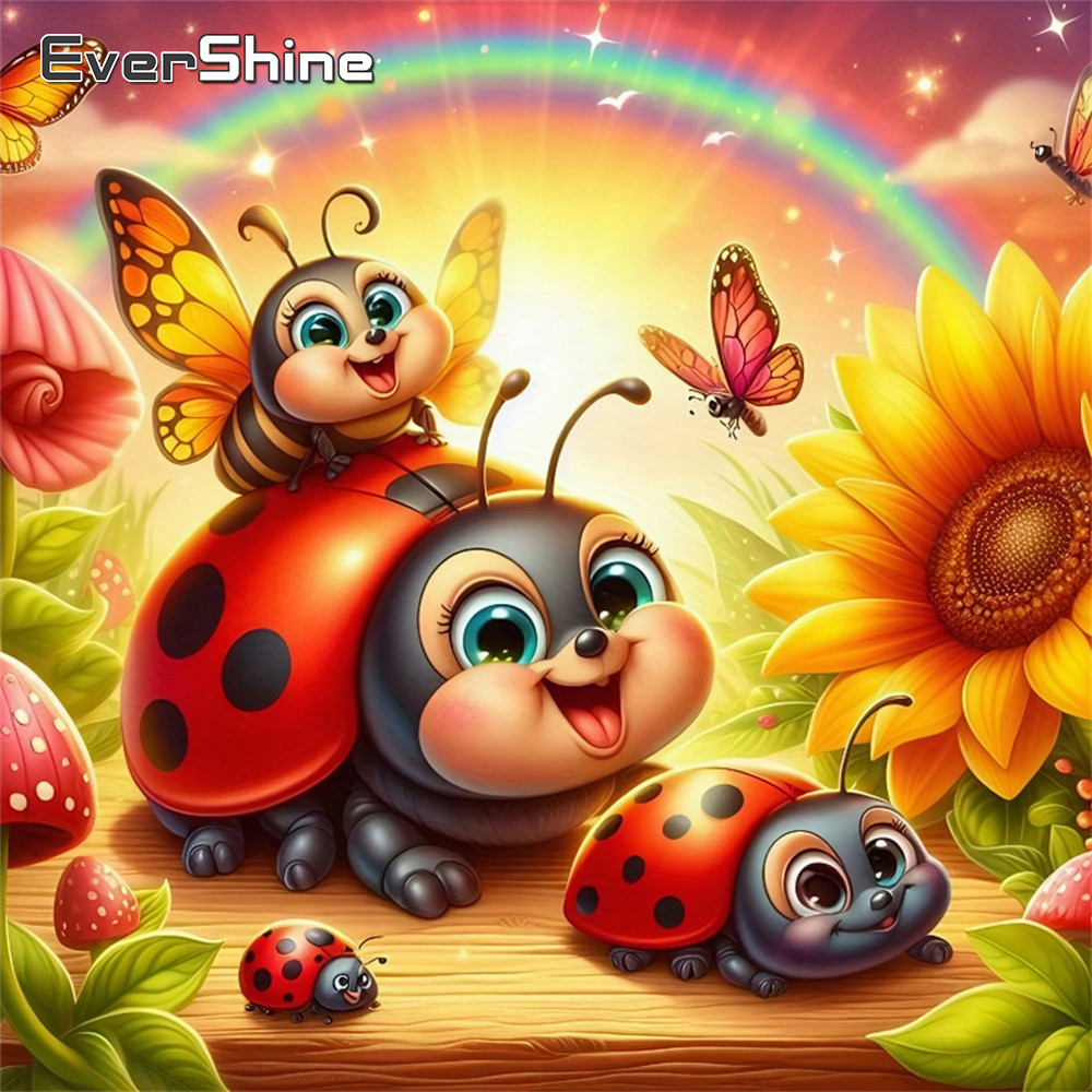 Embroidery Lady Bug - ภาพปักเพชรลายเต่าทอง งานปักเต็มผืน รูปทรงสี่เหลี่ยม ลายดอกทานตะวัน ประดับเพชร ตกแต่งผนัง