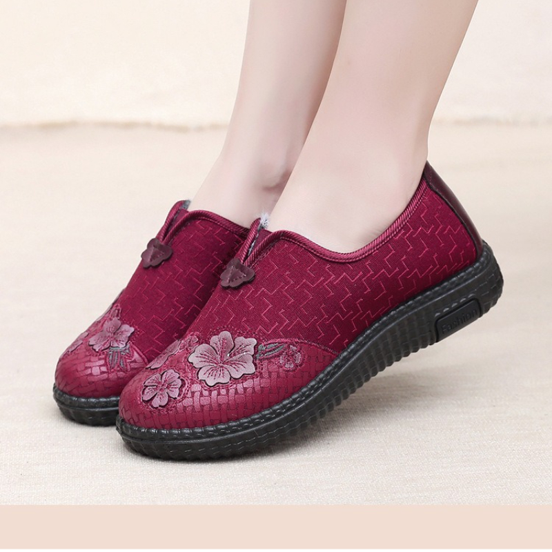 Embroidery Online - รองเท้าสลิปออนบุขนสำหรับผู้หญิง ฤดูหนาว ปักลายดอกไม้ นุ่ม กันลื่น พื้นแบน