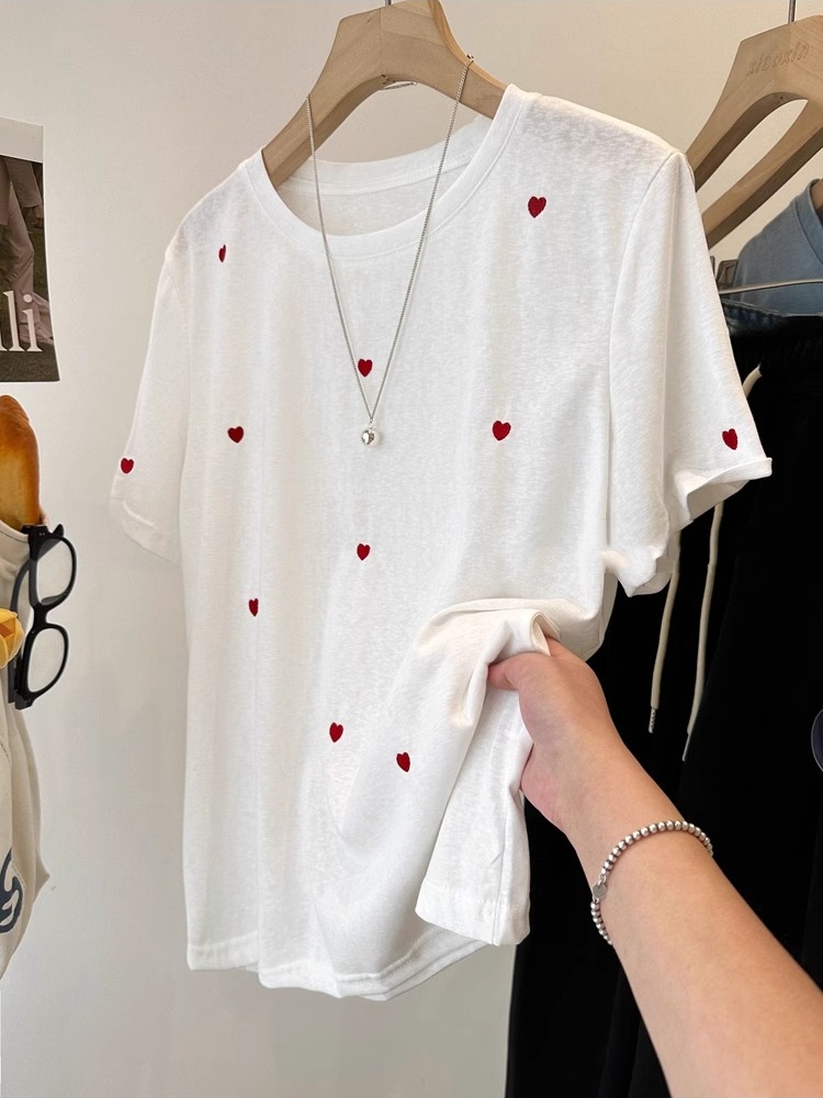 Embroidery Cotton Shirt - เสื้อยืดแขนสั้นผู้หญิงไซส์ใหญ่ 240 ปอนด์ ลายปักน่ารัก ผ้าฝ้ายลายเกล็ดหิมะ น้ำหนักเบา