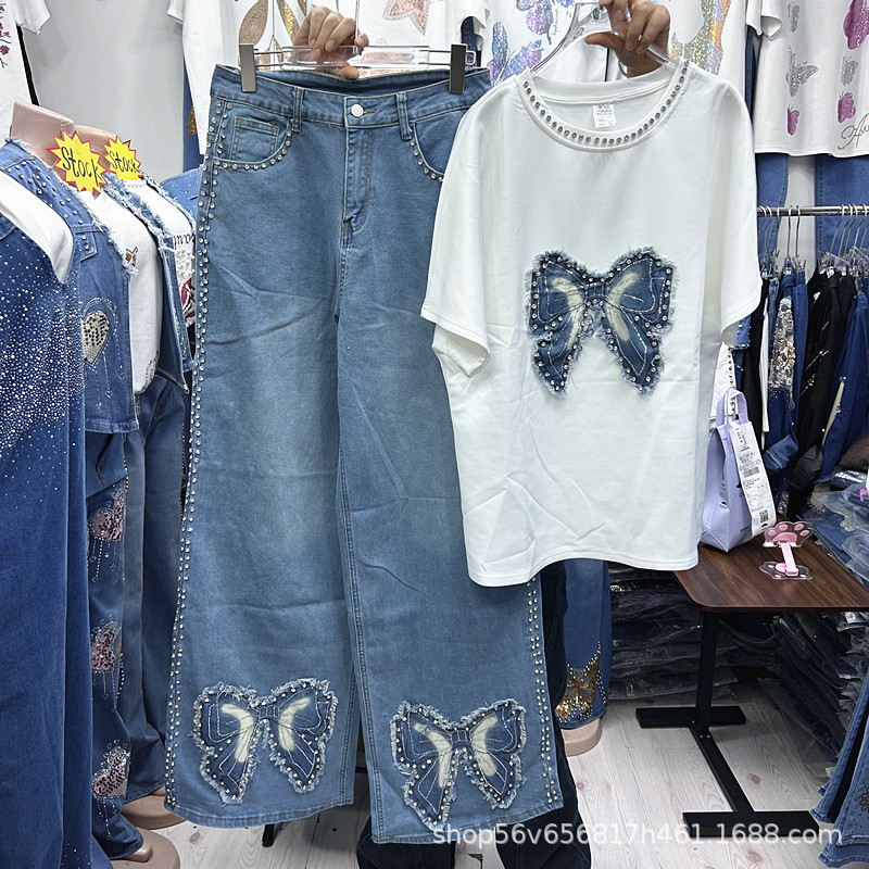 Embroidery Cotton Shirt - ชุดเซ็ตสองชิ้นสำหรับผู้หญิง สไตล์หลวมๆ สำหรับฤดูใบไม้ผลิและฤดูร้อน ลายปักผีเสื้อ เสื้อยืดแขนสั้นสีขาว +