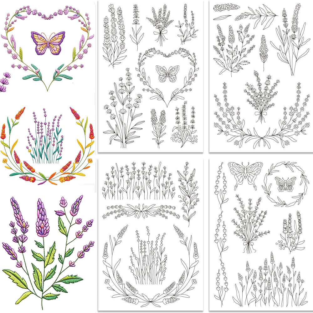 Embroidery Meaning - ลายปักผีเสื้อดอกลาเวนเดอร์แบบละลายน้ำได้ พร้อมแผ่นกาวในตัวสำหรับงานปักมือบนผ้าไม่ทอ