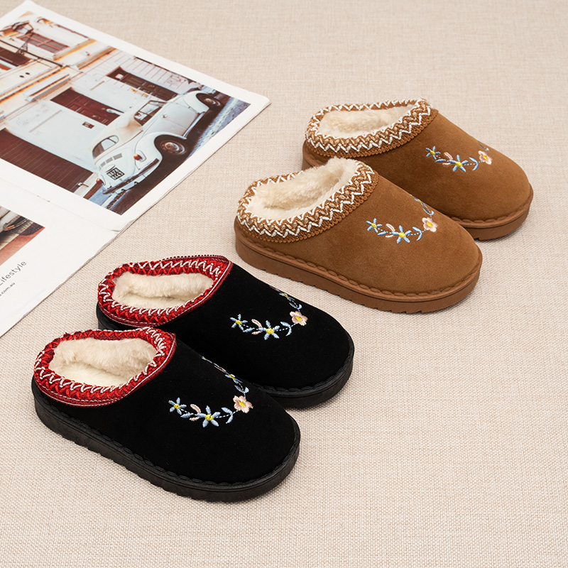 Embroidery Online - รองเท้าแตะสำหรับเด็กเล็ก ลายปักดอกไม้ บุขนหนา พื้นหนา แบบสวม อบอุ่น