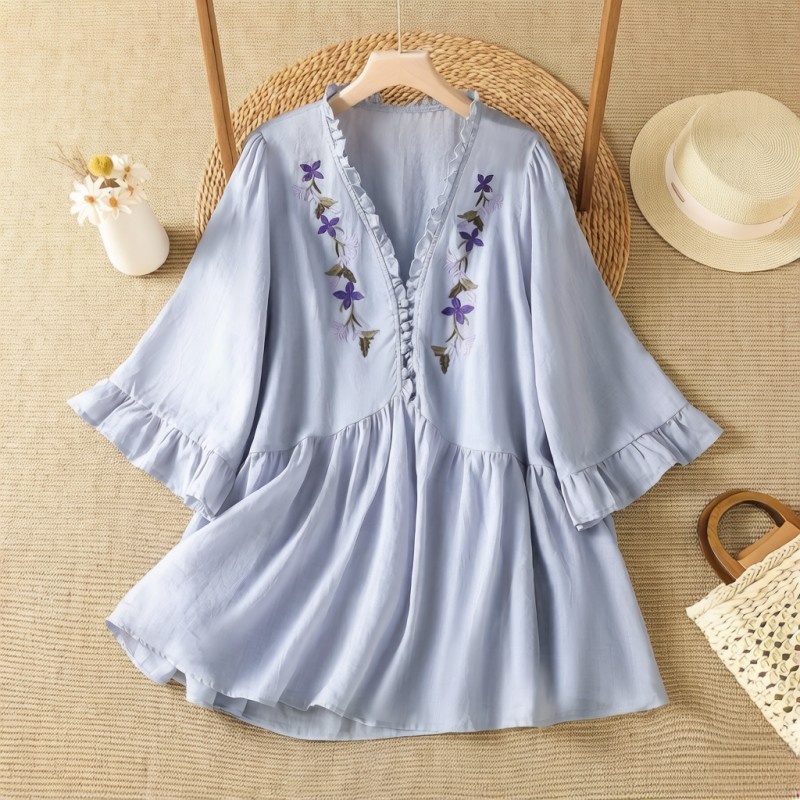 เสื้อเชิ้ตผ้าฝ้ายผสมผ้าลินิน ป - Embroidery Cotton Shirt บทวิจารณ์และราคา
