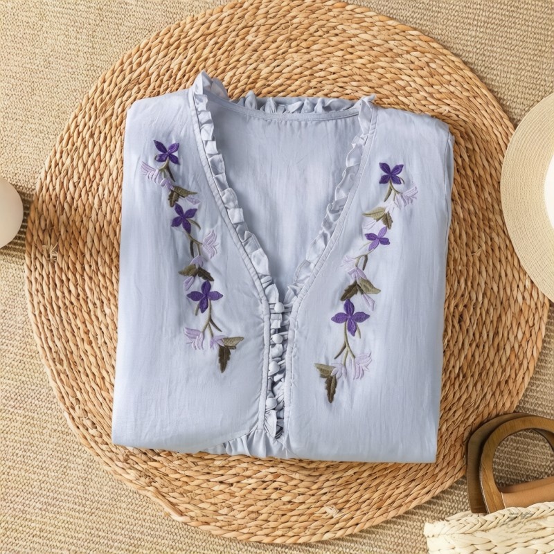เสื้อเชิ้ตผ้าฝ้ายผสมผ้าลินิน ป - Embroidery Cotton Shirt บทวิจารณ์และราคา