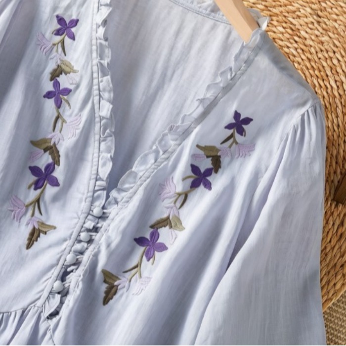 เสื้อเชิ้ตผ้าฝ้ายผสมผ้าลินิน ป - Embroidery Cotton Shirt บทวิจารณ์และราคา