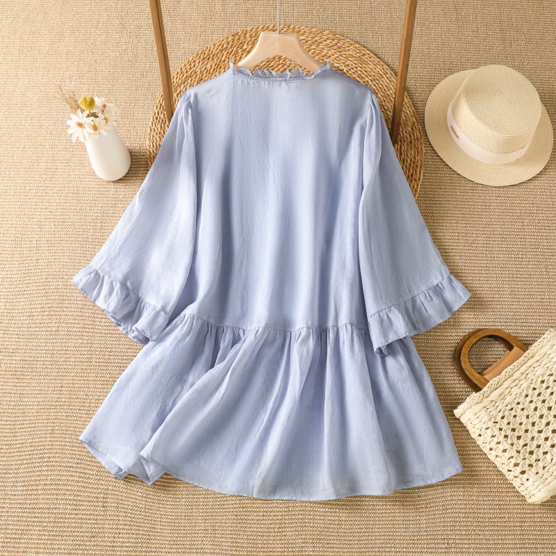เสื้อเชิ้ตผ้าฝ้ายผสมผ้าลินิน ป - Embroidery Cotton Shirt บทวิจารณ์และราคา