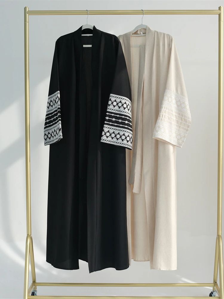 Ramadan Eid สีดําเปิดกิโมโน Ab - Embroidery Kebaya บทวิจารณ์และราคา